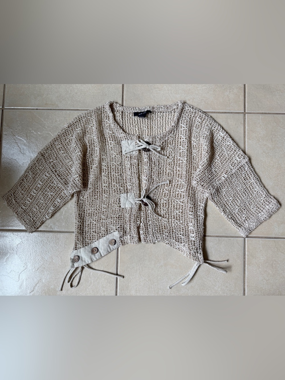 KAKTUS Sz S Funky NET Beige Art-to-Wear Open Mesh Cardigan Lagenlook Sweater